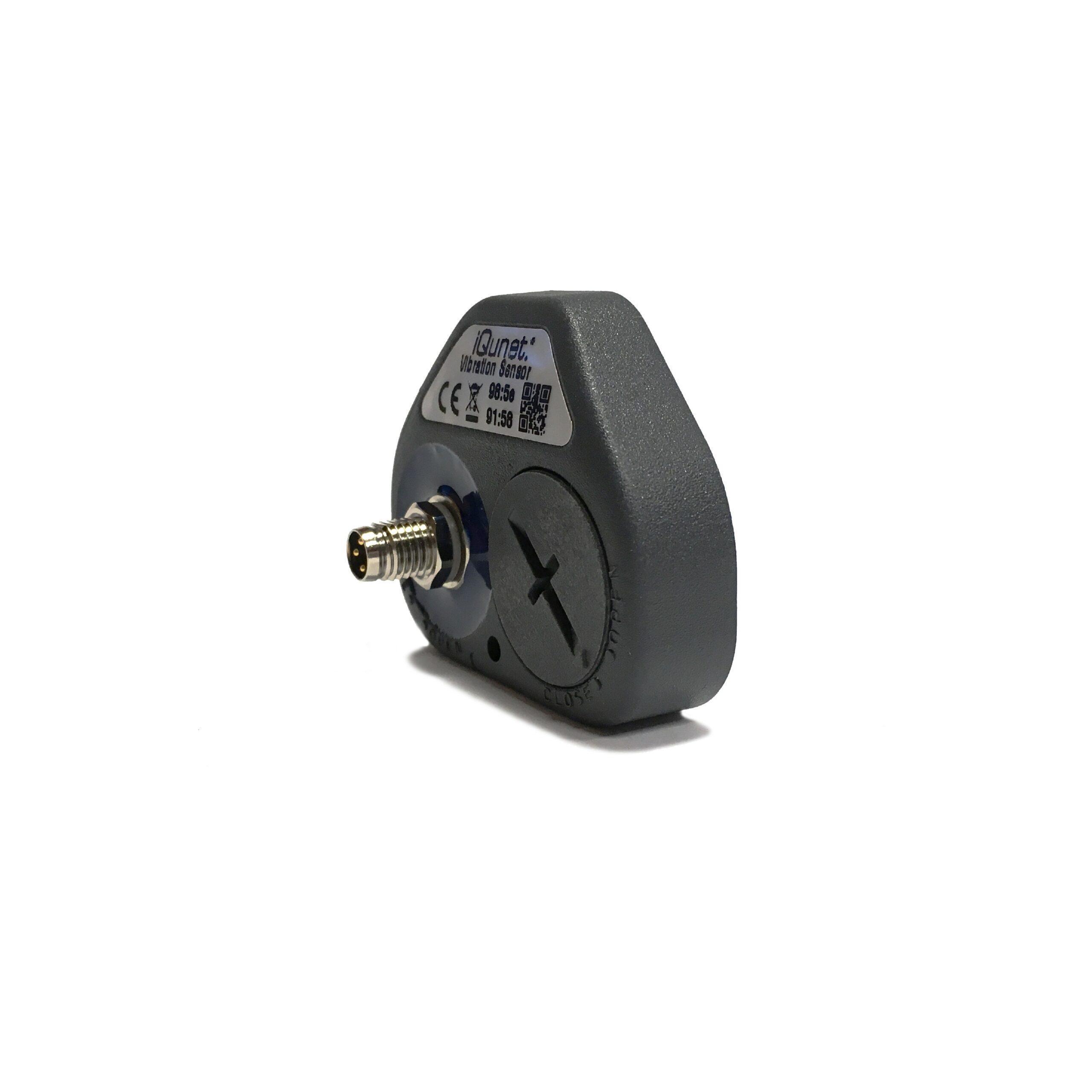 Three-quarter view of the iQunet cable-powered vibration sensor and M8 power connector