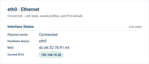 Current software Ethernet Interface Status showing a connected link and the example IPv4 address 192.168.10.20