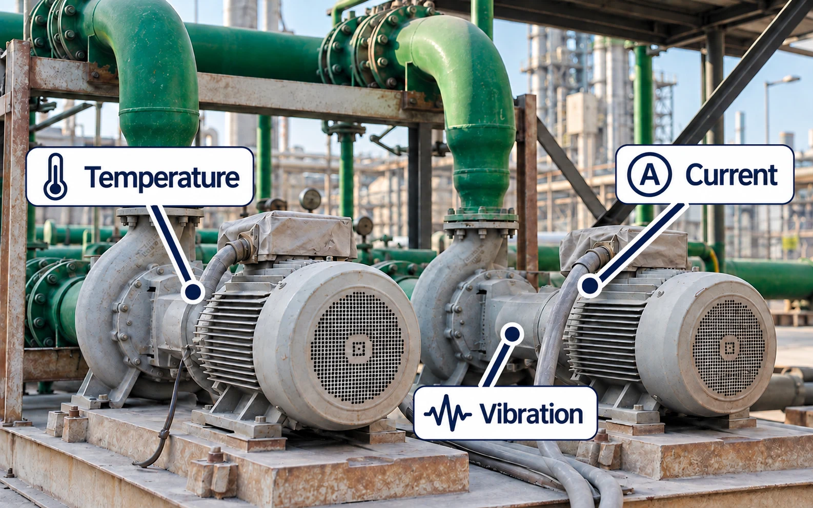 Illustration of industrial motor-pump equipment with temperature, vibration and motor-current monitoring callouts.