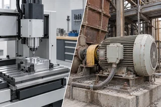 Illustrative split view of a compact precision milling machine and a dust-covered industrial motor in a worn heavy-industry installation, separated diagonally.