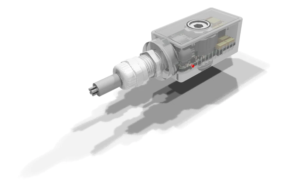 Transparent ModVibe 2.0 CAD view showing internal components, cable gland and mounting screw
