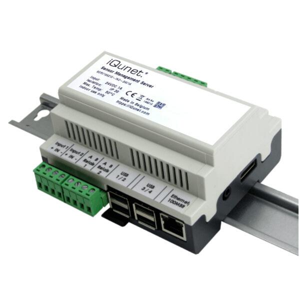 Side view of the New Generation Industrial 24V Powered iQunet Server installed on a DIN rail